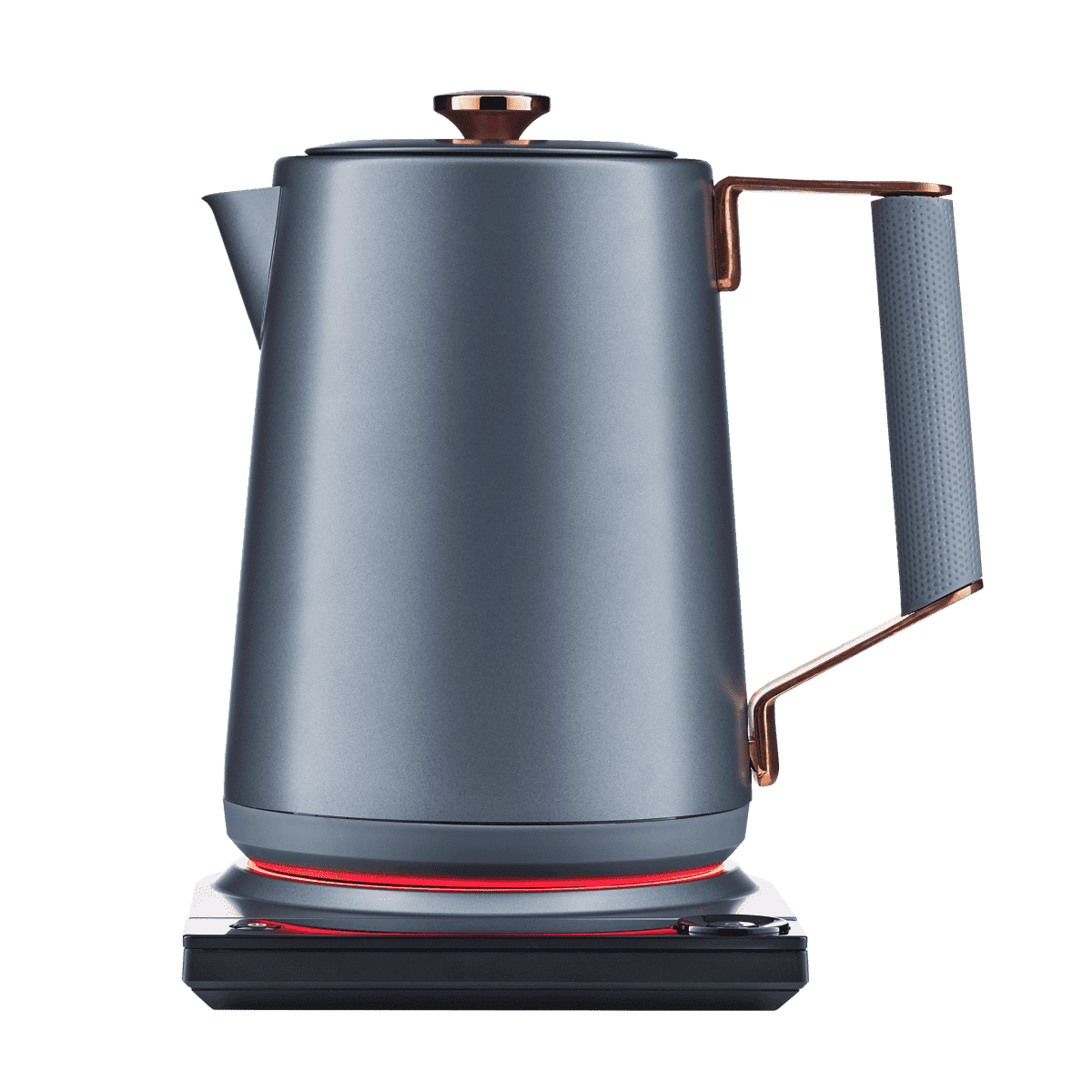 Midnight blue electric kettle with copper accents and arched handle on base