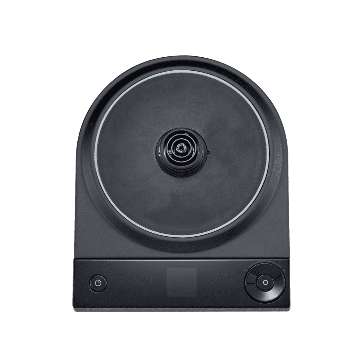Electric kettle lid with black finish and circular top control area