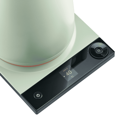 Sage green electric kettle with black control base and digital temperature display