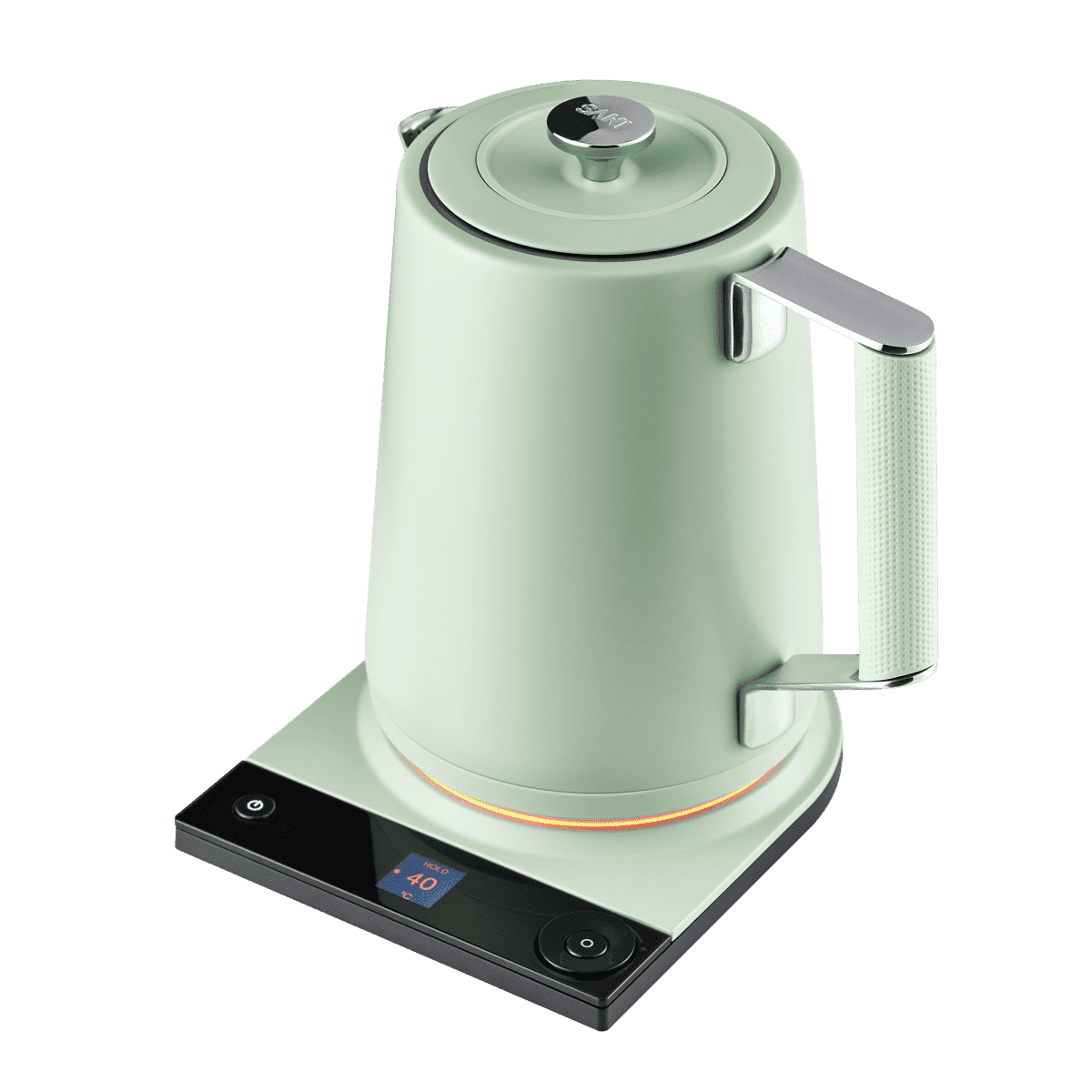 Sage green electric kettle with arched handle and hinged lid on a smart base