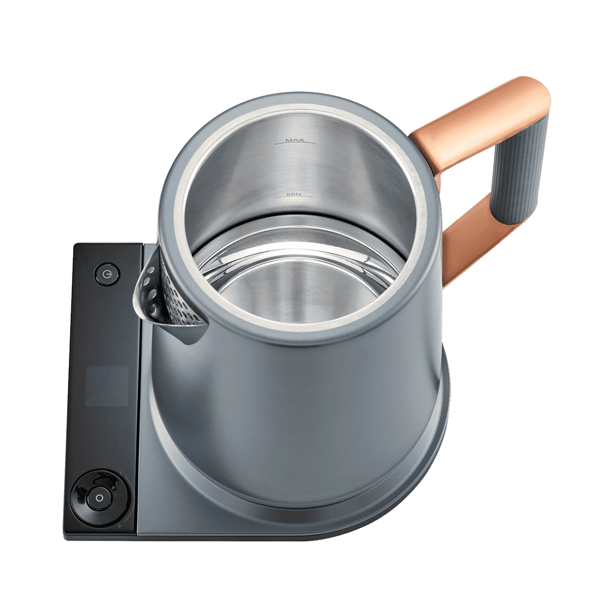 Midnight blue electric kettle with open lid and stainless-steel interior