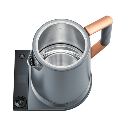 Midnight blue electric kettle with open lid and stainless-steel interior