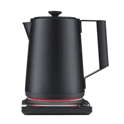 Matte black electric kettle with pivot lid and illuminated red heating ring.