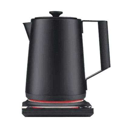 Matte black electric kettle with pivot lid and illuminated red heating ring.