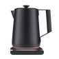 Matte black electric kettle with pivot lid and illuminated red heating ring.
