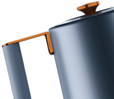 Midnight blue electric kettle spout and side handle with orange trim.