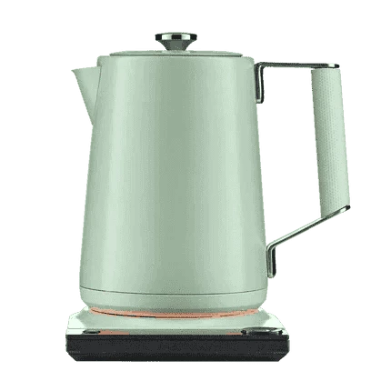 Sage green electric kettle with side handle and illuminated heating base ring.