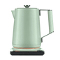 Sage green electric kettle with side handle and illuminated heating base ring.