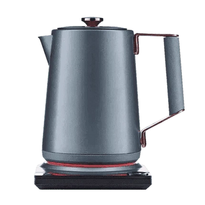 Midnight blue electric kettle with side handle and illuminated red heating ring.