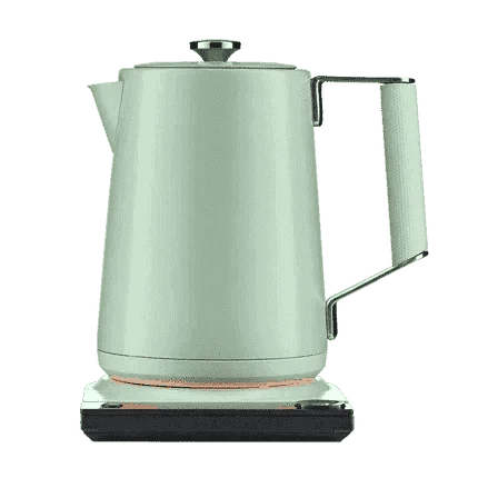 Sage green electric kettle on base with lid and side handle