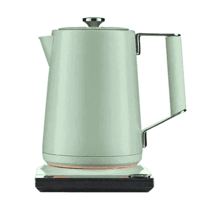 Sage green electric kettle on base with lid and side handle