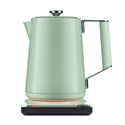 Sage green electric kettle with spout and arched handle, shown from the side