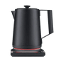 Matte black electric kettle with curved spout, lid, and side handle