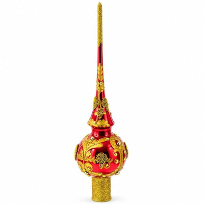 Luxurious Crimson Red with Golden Glitter Glass Christmas Tree Topper 11 Inches Cartsfy Inc.
