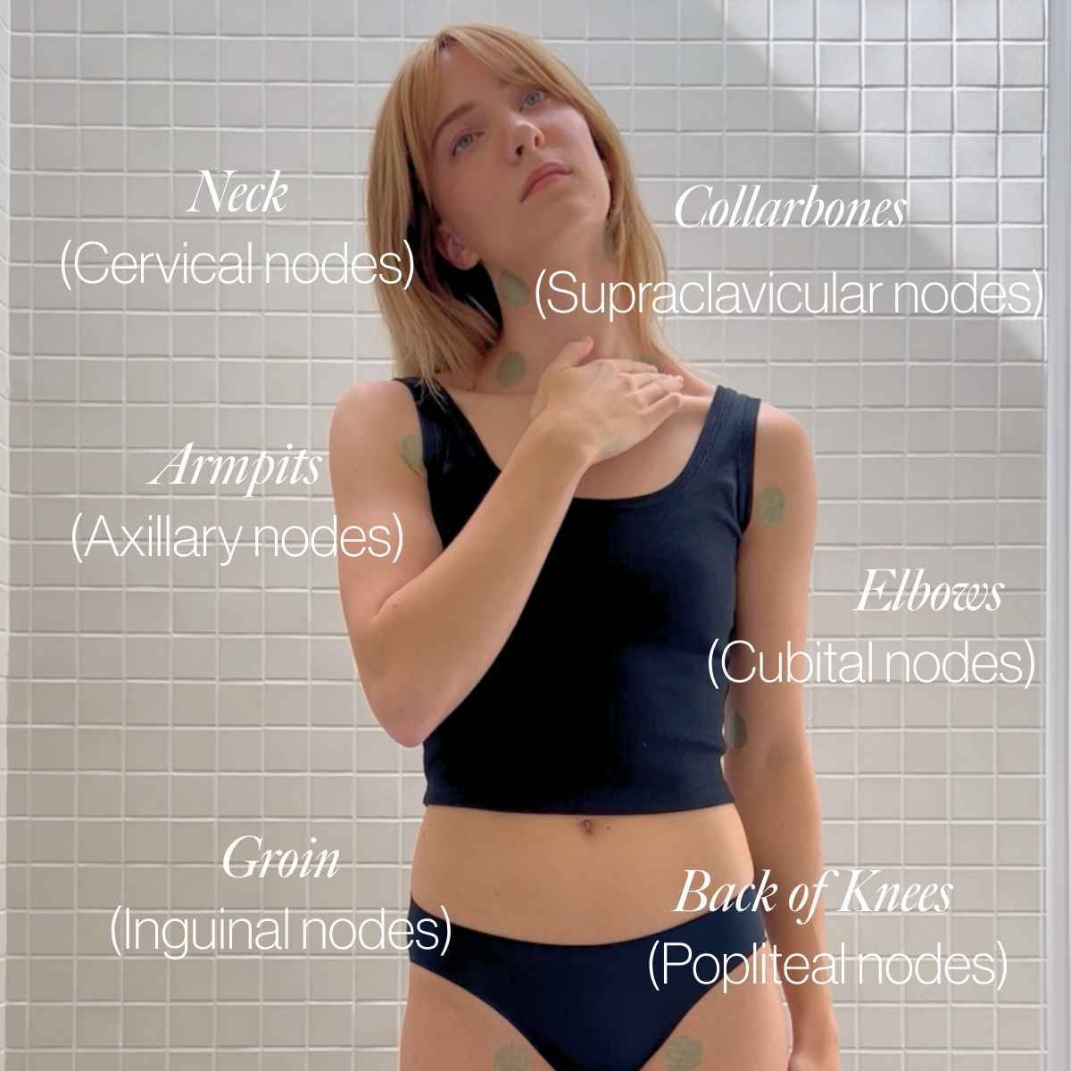 Esker lymphatic drainage dots patches on model’s neck and collarbone area
