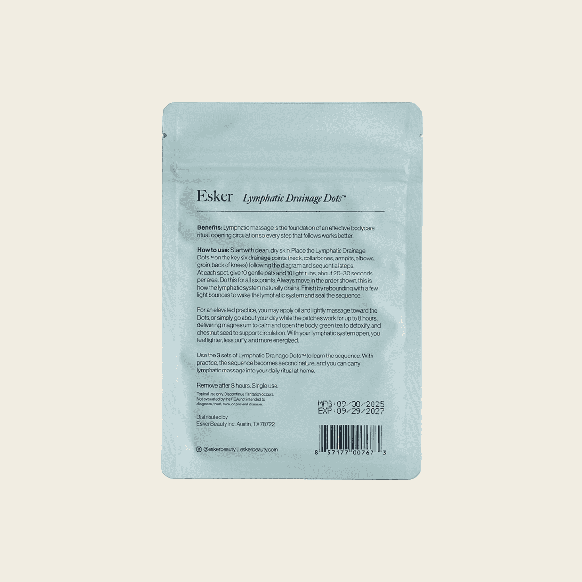 Esker lymphatic drainage dots pouch back with instructions panel