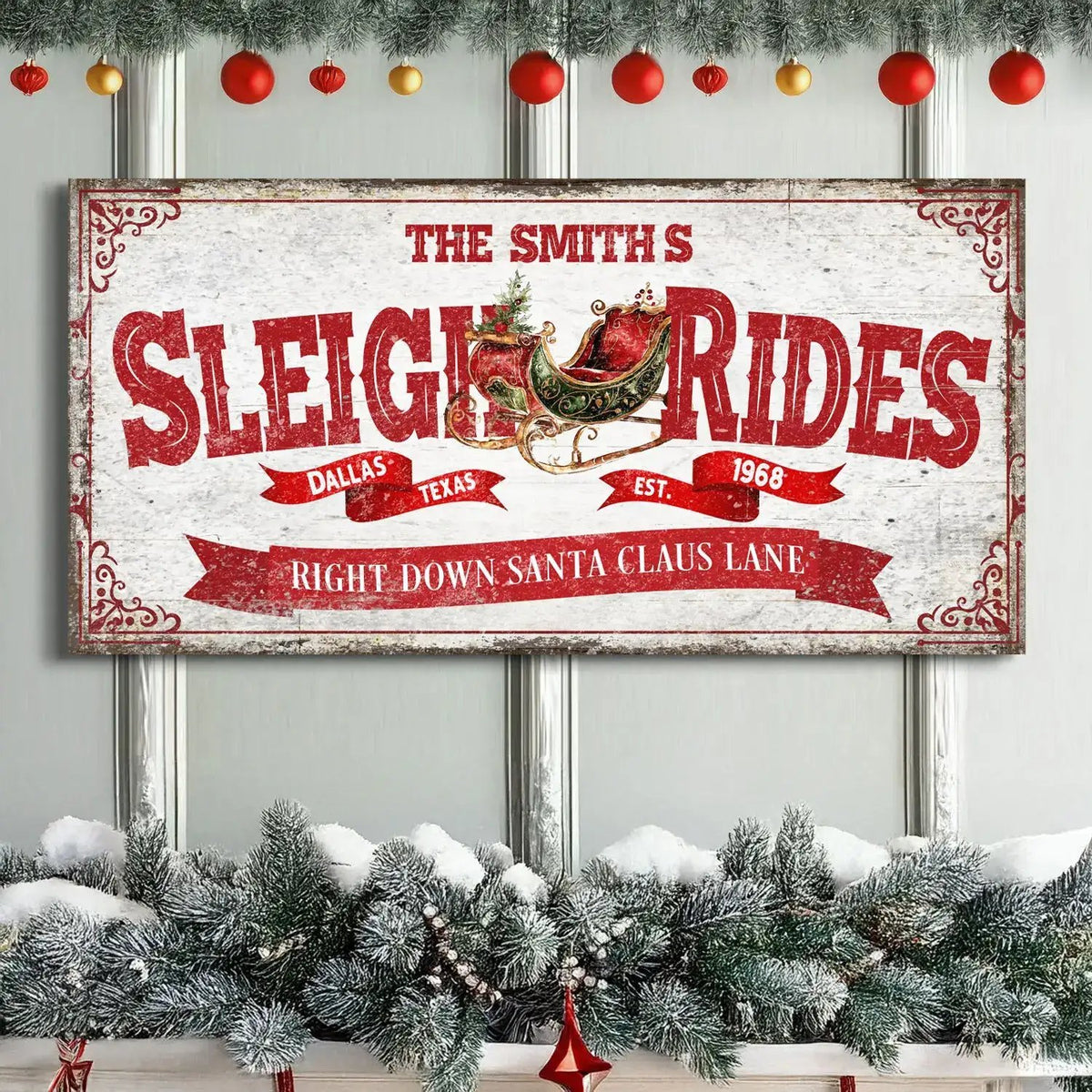 Framed Christmas sign with red Sleigh Rides lettering and Santa Claus Lane banner