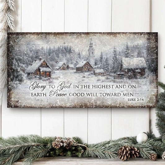 Vintage Christmas Village Luke 2:14 Scripture Sign Tailored Canvases 20x10 inch Medium Premium Gallery Wrapped 48x24 inch Large Premium Gallery Wrapped 60x30 inch Extra Large Premium Gallery Wrapped 20x10 inch Medium Premium Gallery Wrapped-48x24 inch Large Premium Gallery Wrapped-60x30 inch Extra Large Premium Gallery Wrapped-