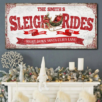 Framed Sleigh Rides Christmas sign above winter holiday decor and candles