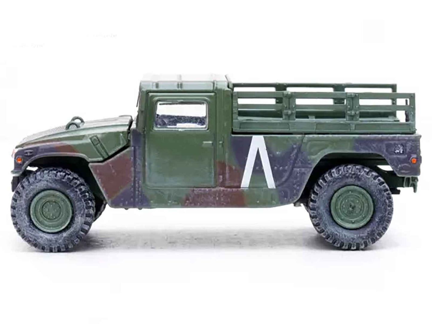 Olive green military HMMWV diecast truck model with open cargo bed, side view.