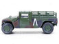 Olive green military HMMWV diecast truck model with open cargo bed, side view.
