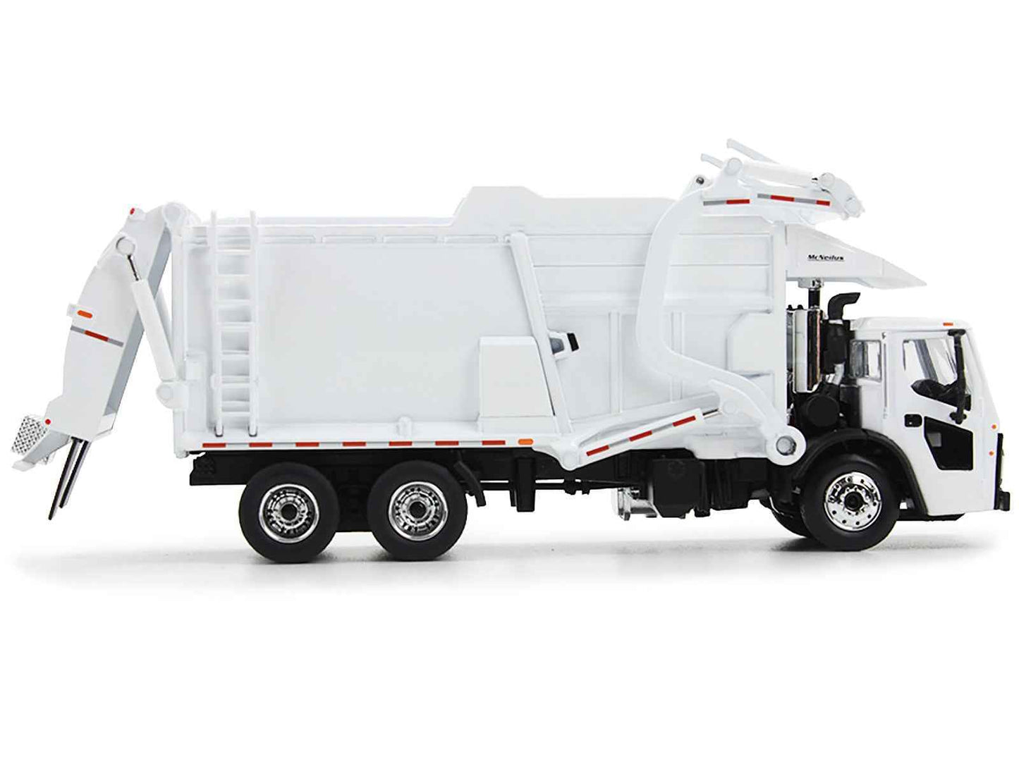White 1/64 diecast refuse truck with front loader and open-top trash bin