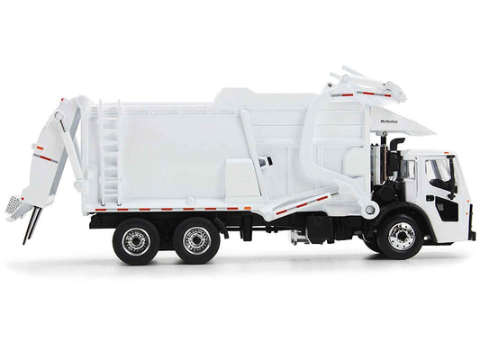 White 1/64 diecast refuse truck with front loader and open-top trash bin