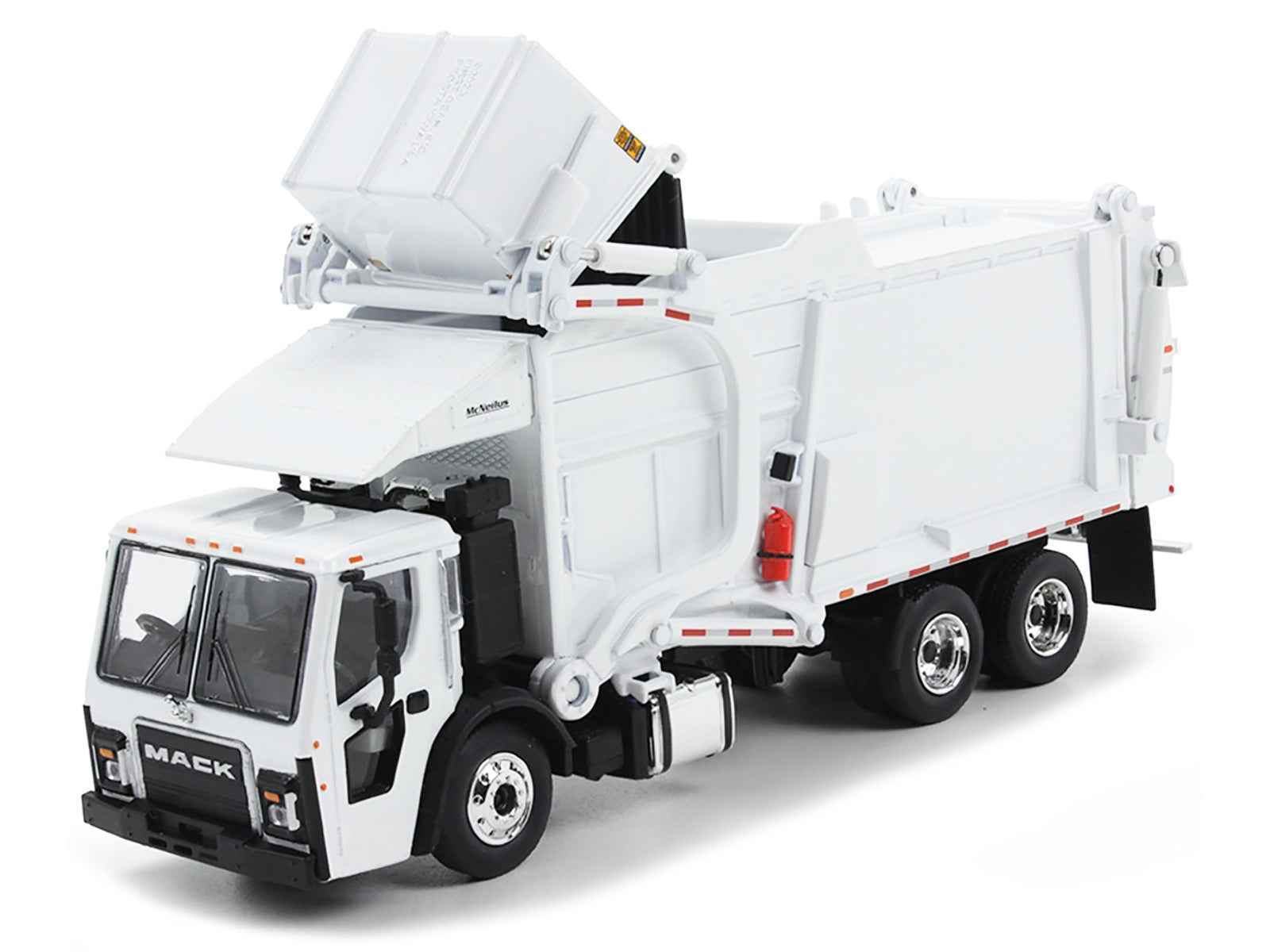 White diecast garbage truck with raised front loader and front cab