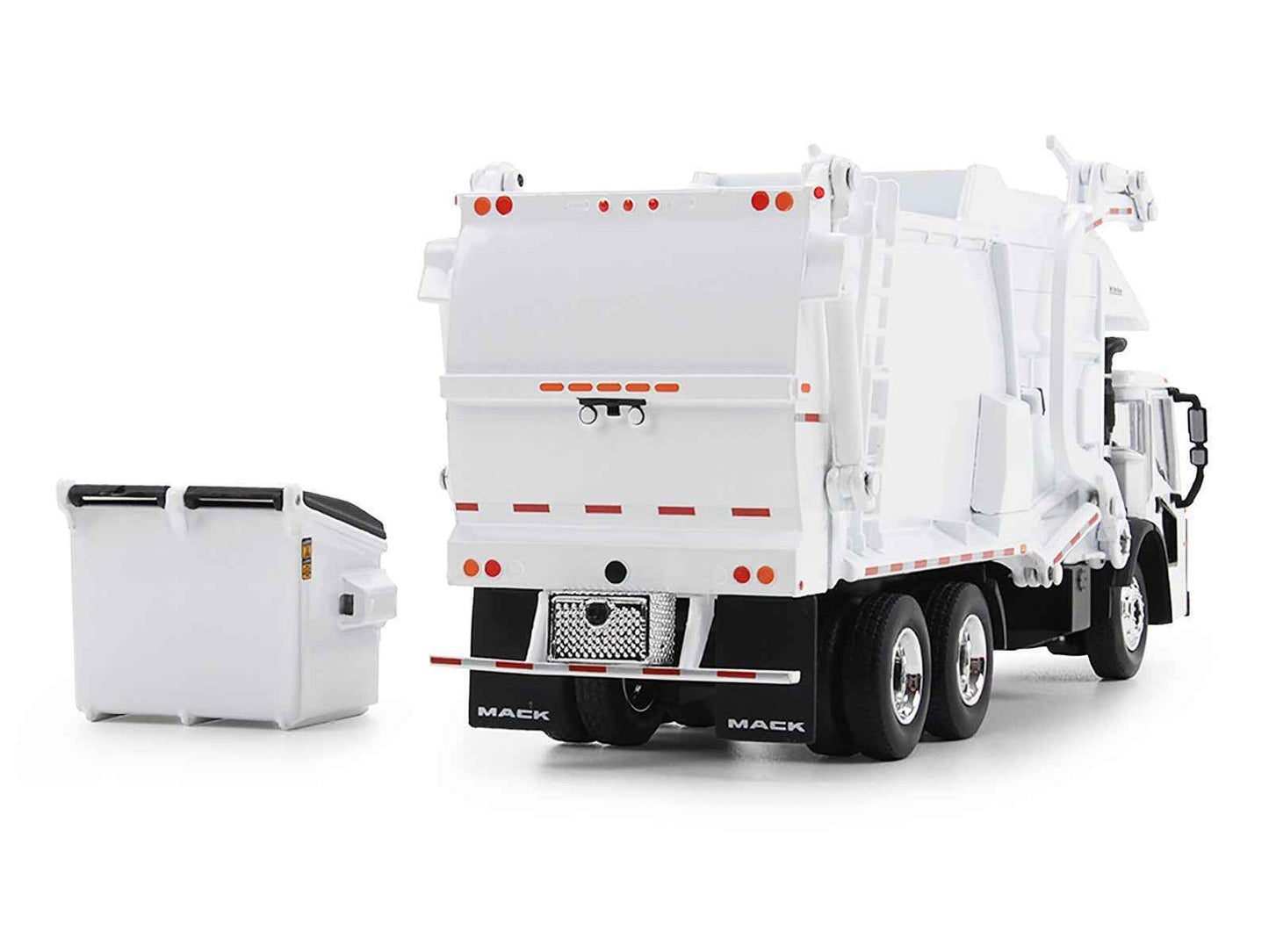 White 1/64 diecast refuse truck with side bin and rear doors