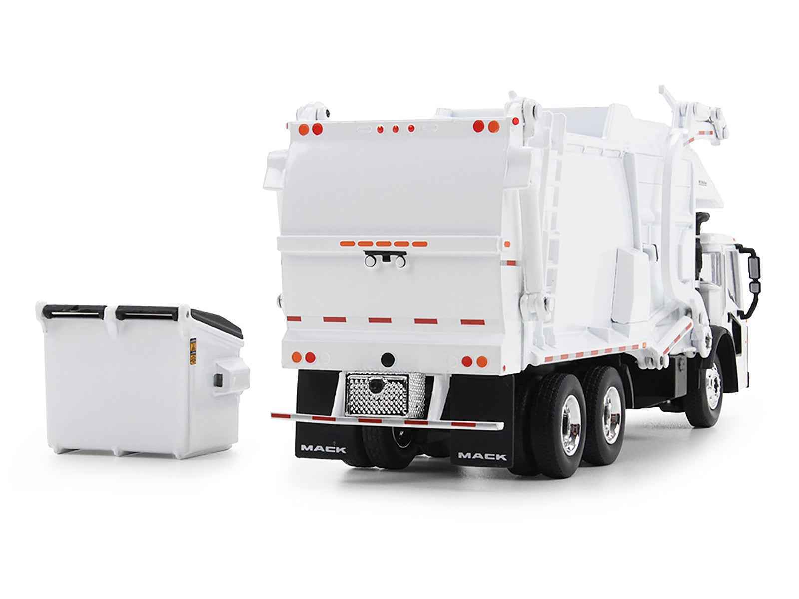 White 1/64 diecast refuse truck with side bin and rear doors