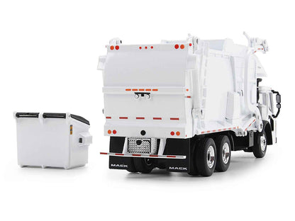 White 1/64 diecast refuse truck with side bin and rear doors
