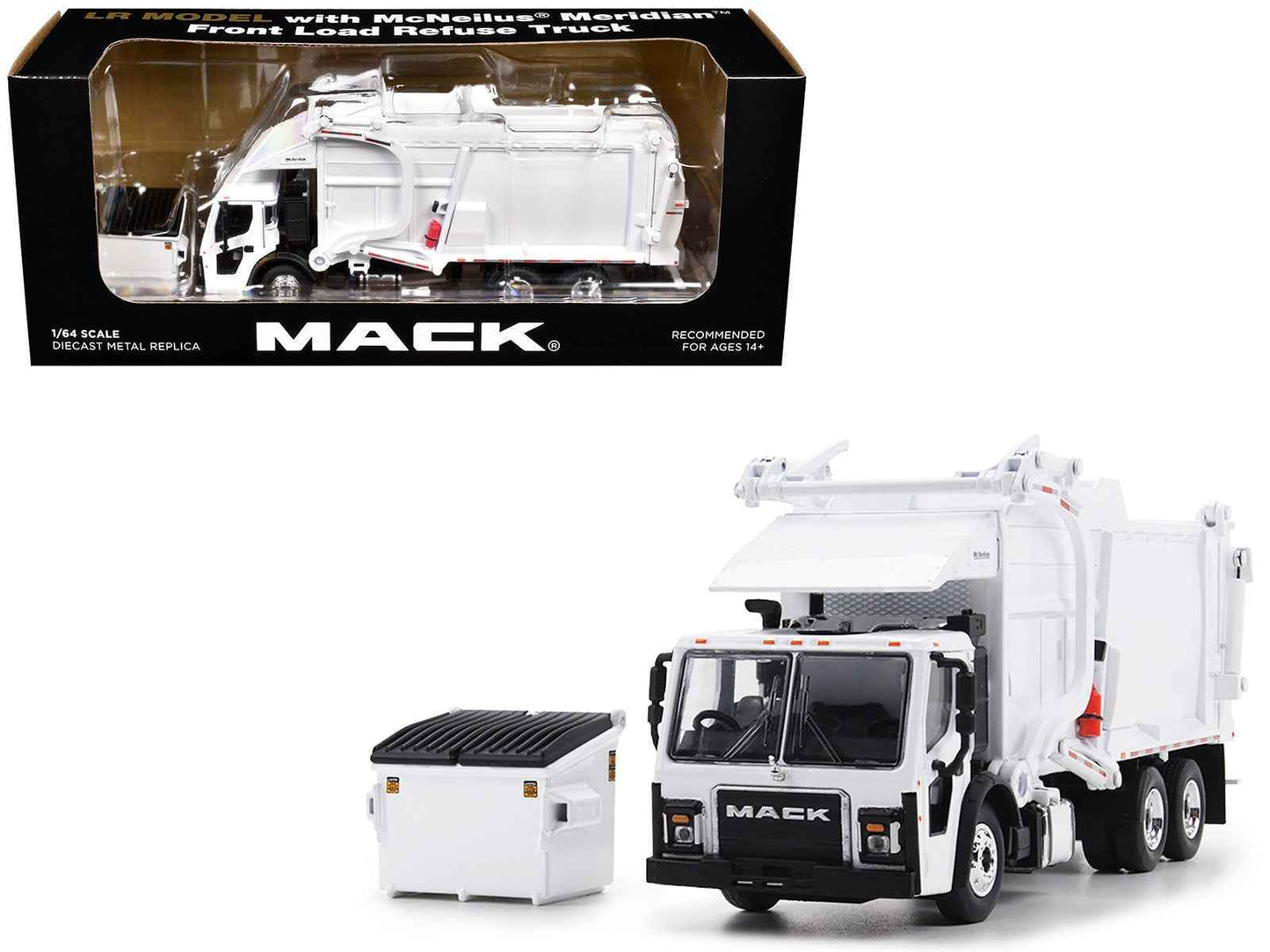 MACK diecast refuse truck retail box with white front loader truck model