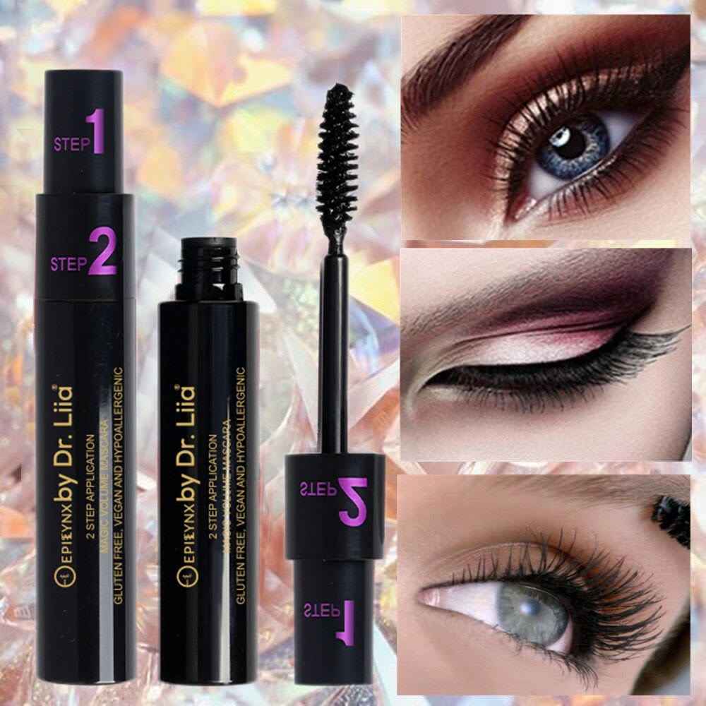 Black mascara wand and tubes with visible lengthened lash coverage