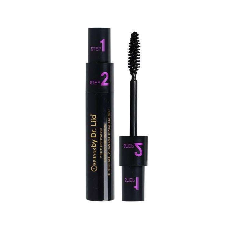 Black two-step mascara tubes and wand with bristled brush