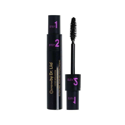 Black two-step mascara tubes and wand with bristled brush