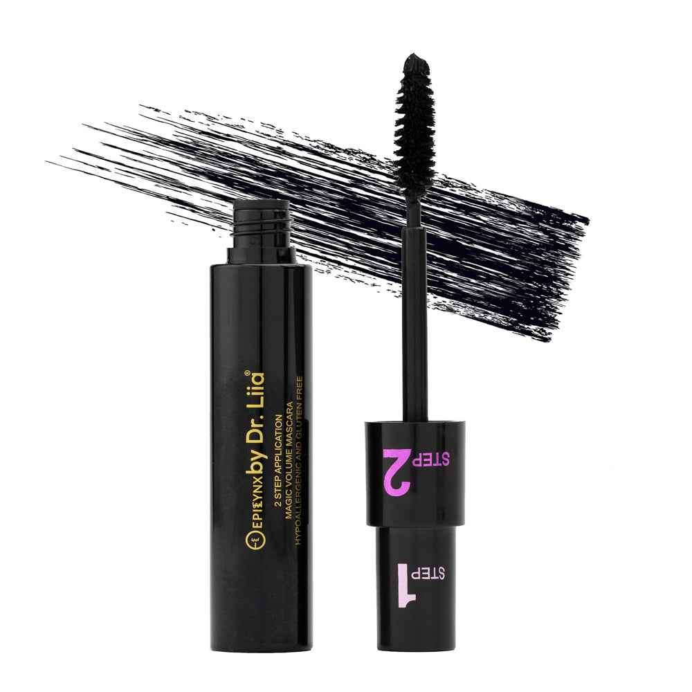Black mascara tubes and wand, bristled brush with dark formula