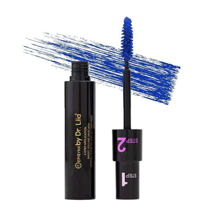Blue mascara tubes and wand, bristled brush with blue formula