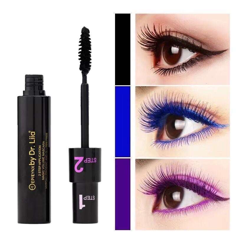 Lengthening mascara duo with black bottle and wand, plus color swatch panel