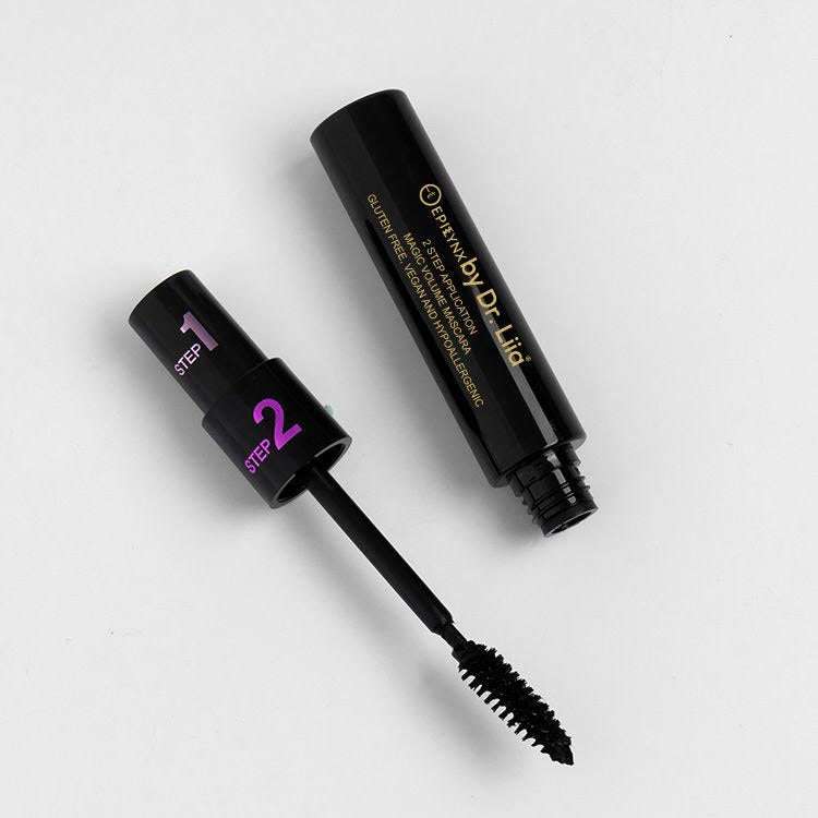Black two-step mascara tube and wand with bristled brush
