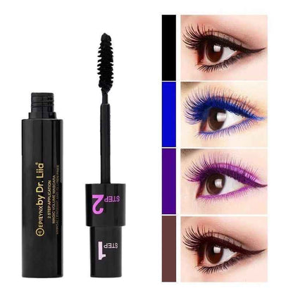 Lengthening mascara with black bottle and wand, plus purple and blue lash looks