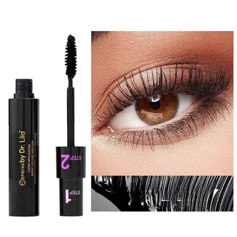 Vegan lengthening mascara with black bottle and wand, with curled black lashes
