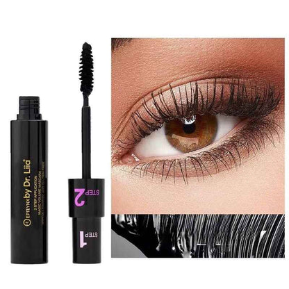 Vegan lengthening mascara with black bottle and wand, with curled black lashes