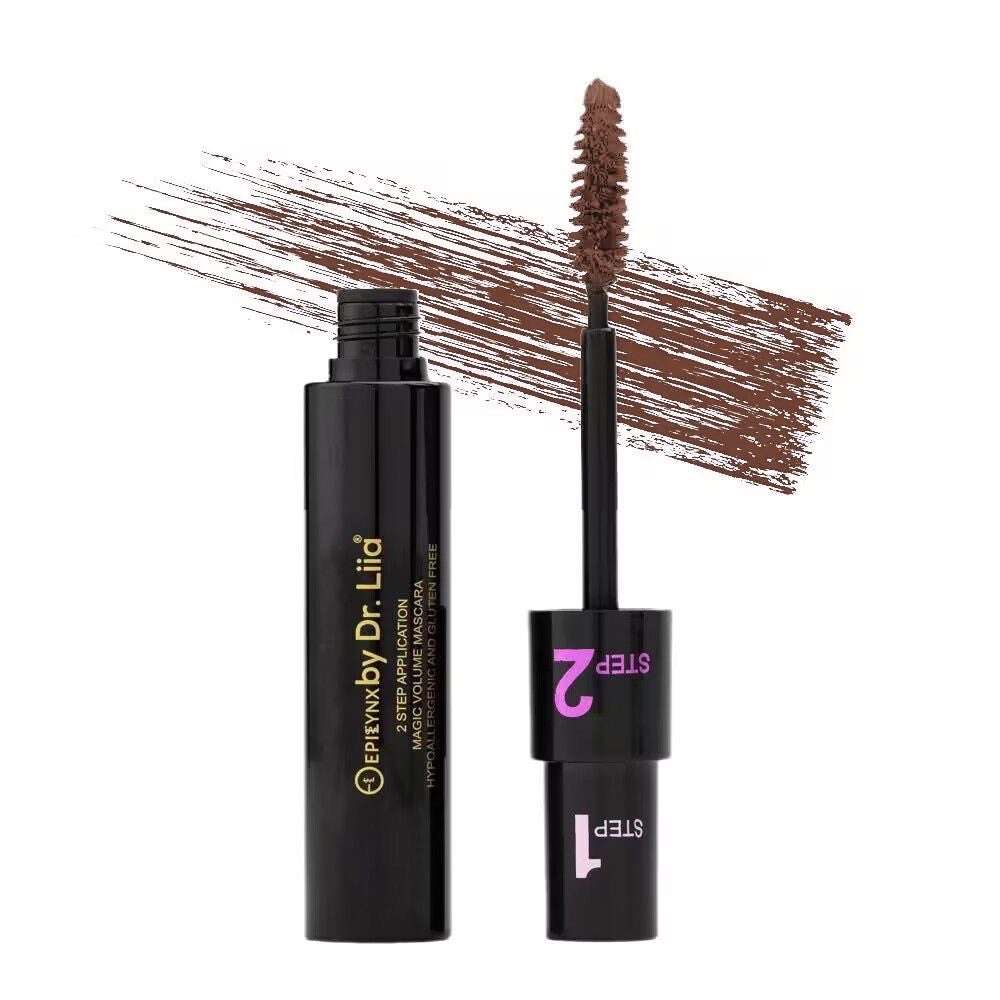 Brown mascara tubes and wand, bristled brush with brown formula