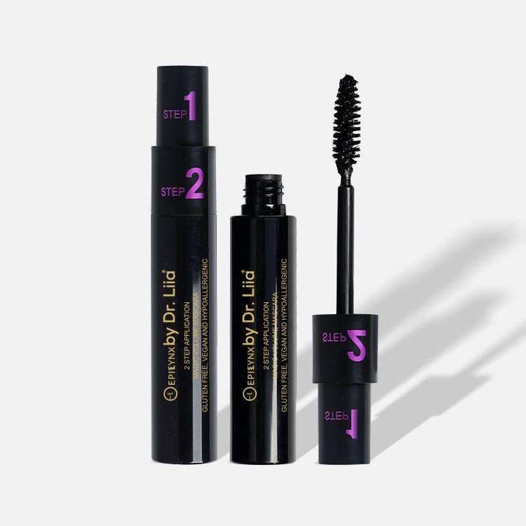 Black two-step mascara set with step tubes and bristled wand applicator