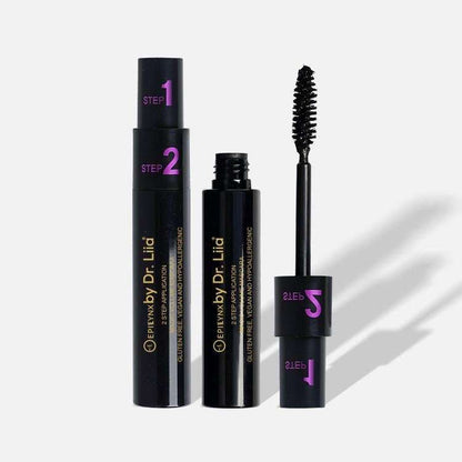 Black two-step mascara set with step tubes and bristled wand applicator