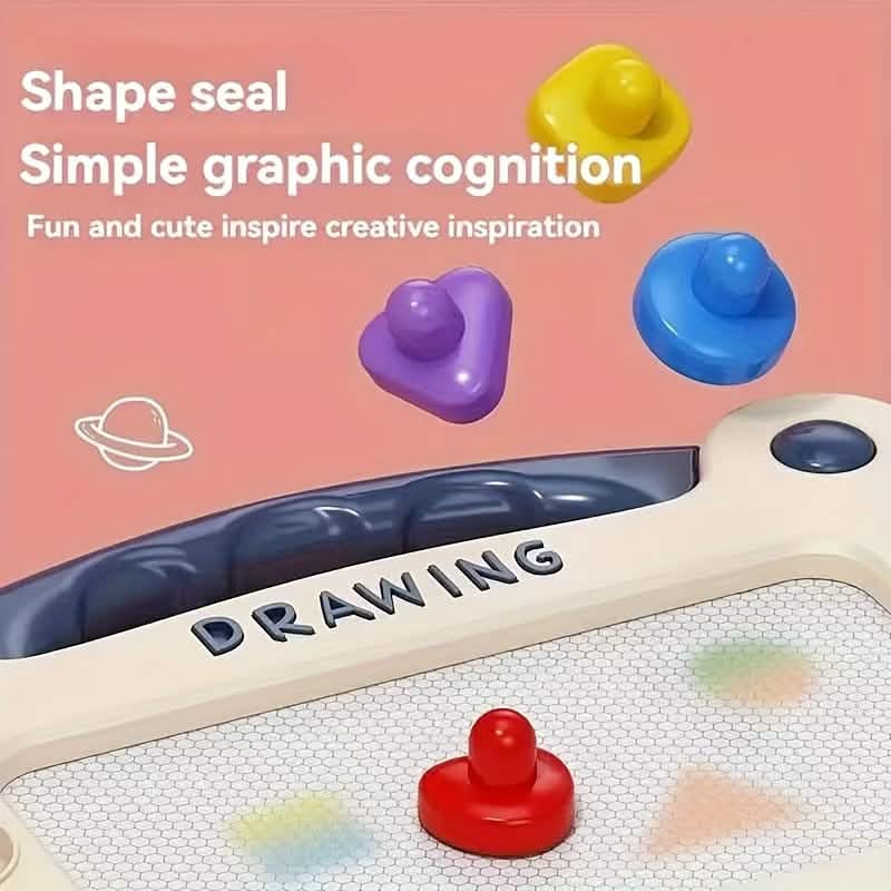 White-and-blue magnetic drawing board with purple and red stamp-like pieces