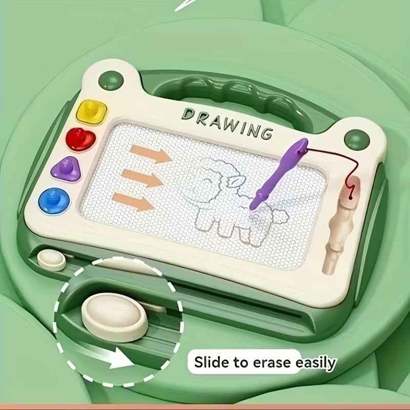 Green magnetic drawing board toy with colored stylus and slider eraser