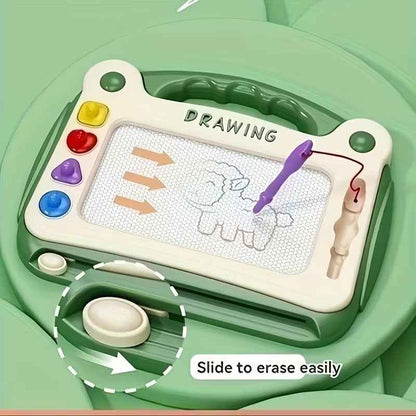 Green magnetic drawing board toy with colored stylus and slider eraser