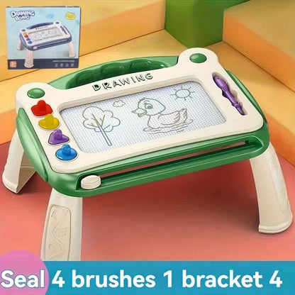 Green magnetic drawing board toy with mesh screen, purple stylus, and colored buttons