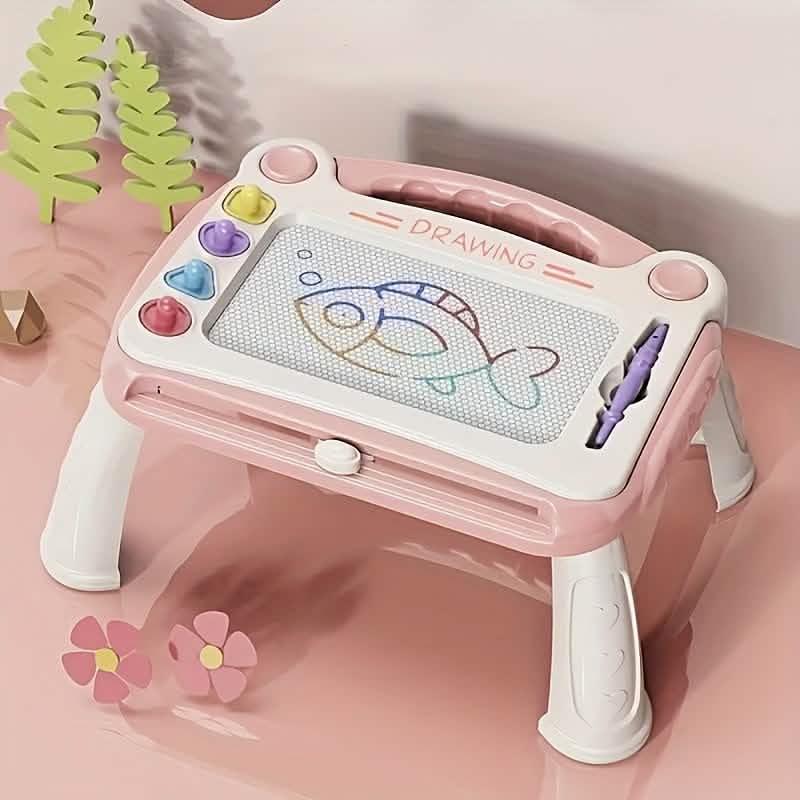 Pink magnetic drawing board toy with colored knobs and purple stylus, standing legs